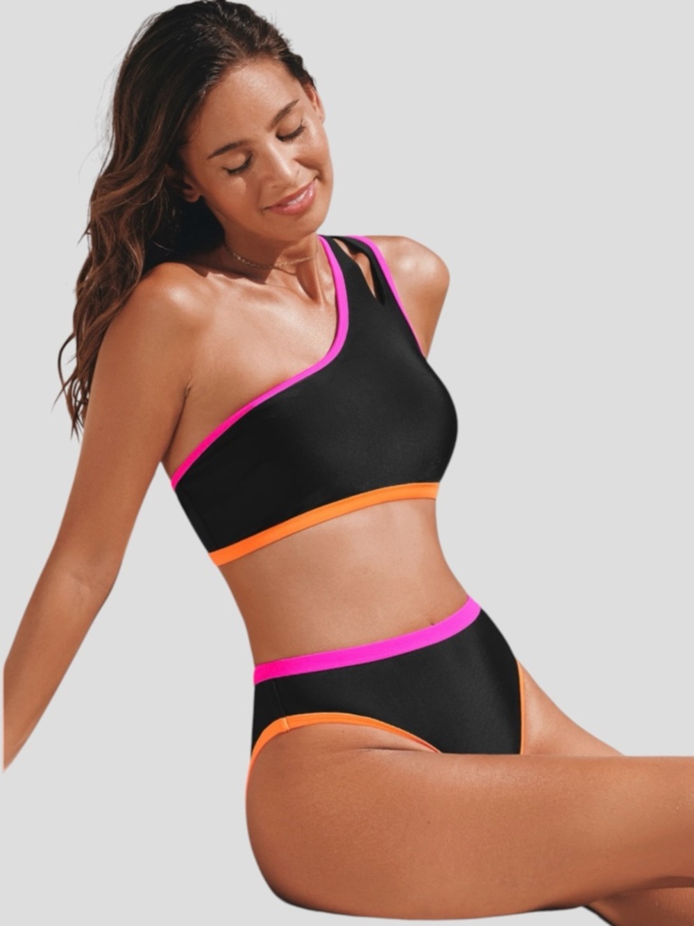 Cupshe Women One Shoulder Colorblock High Rise Two Piece S Bikini Swimsuit Retro